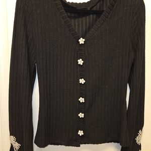 ChicMe Black Ribbed Cardigan - Size Large - Pearl Bows & Jewel Cuffs